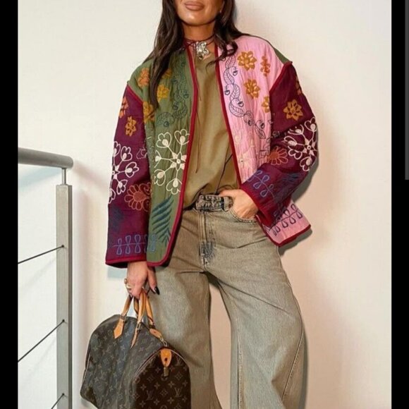 Zara Women's Quilted Patchwork Oversized Embroidered Kimono Jacket Granny M - Picture 3 of 15